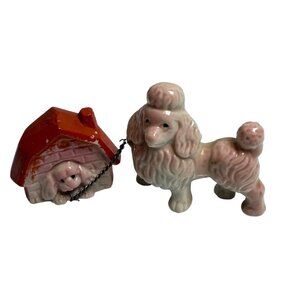 Vintage Ceramic Mom & Puppy Poodle Figurine Doghouse & Chain Japan Marked